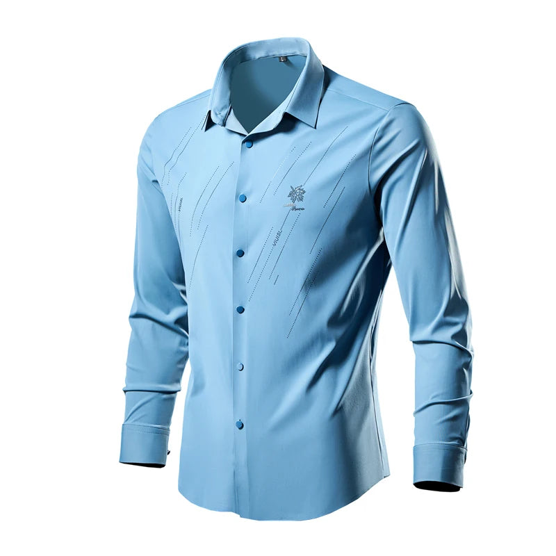 2026 New Men's Black Long Sleeve Shirt, Single Breasted Square Collar Stretch Shirts, White Blue Red Blouse, Asian Size M-6XL