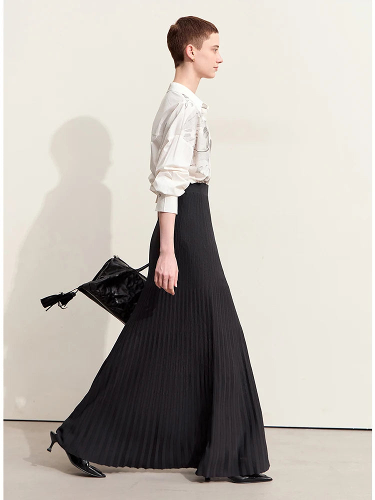 Amii Minimalism 2026 Women Skirts Autumn New Organ Pleated Elastic Waist Knit Pleated Basics Skirt A Line Long Skirt 12423068