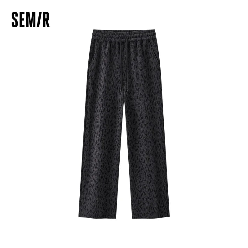 Semir Women Pants Fleece Lined Leopard Print Loose Fit Wide Leg Elastic Waist Street Style Retro Style 2026 Winter Full Length
