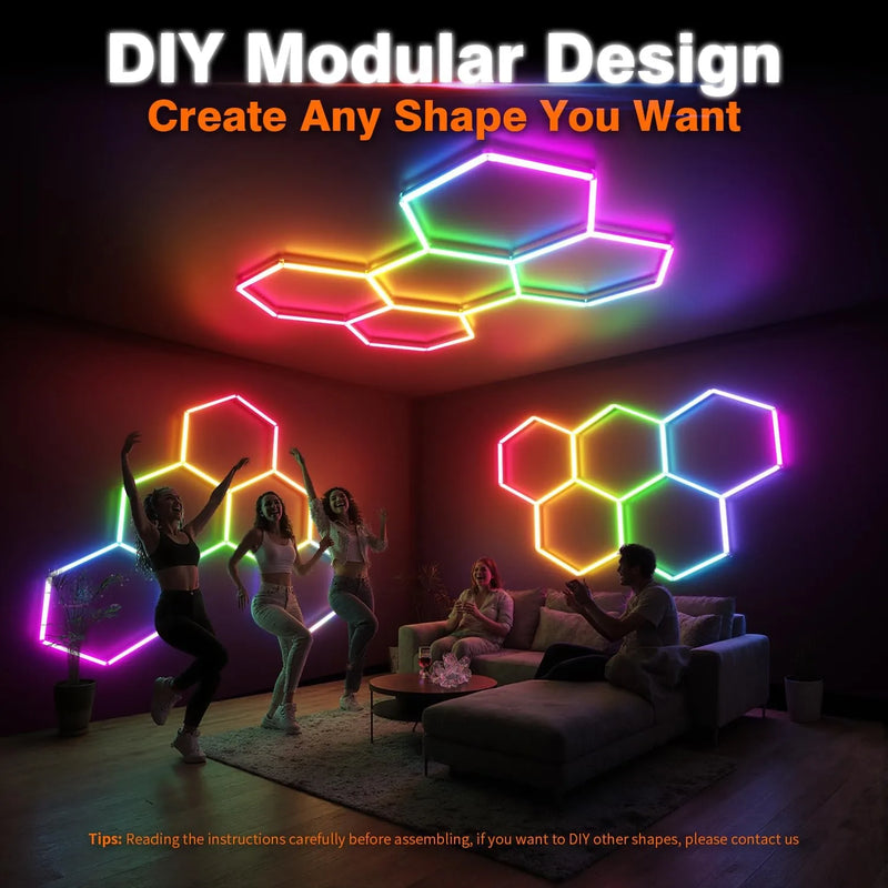 ភ្លើងយានដ្ឋាន RGB Hexagon ភ្លើងពិដាន LED ដែលអាចបន្ថយពន្លឺបាន ចង្វាក់ភ្លេង ភ្លើងបន្ទះ LED សម្រាប់បន្ទប់លេងហ្គេម បារ ក្លឹប ពិធីជប់លៀង កន្លែងហាត់ប្រាណ