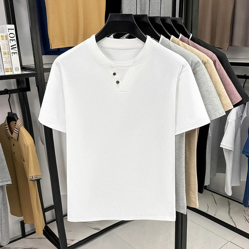 Mens Fake Two Piece Short Sleeve T Shirt Henley Neck Tops Casual Button Detail Tees For Men Daily Street Style Outfits