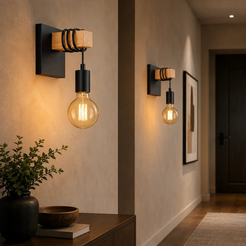 JOYINLED Vintage Wooden Wall Lamp 1/2PCS Rustic E27 Wall Sconce Indoor Lighting Fixture for Living Room Bedroom Stair Hallway
