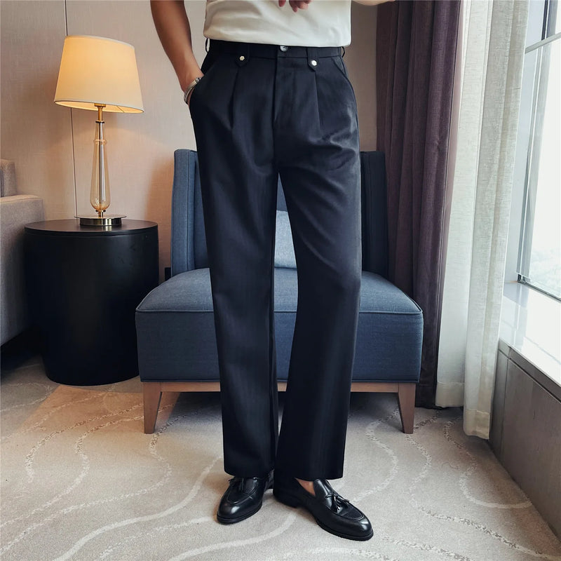 Men's Elastic Waist Straight-Leg Striped Trousers Slimming Herringbone Texture Dress Pants with Natural Drape Wrinkle Resistance