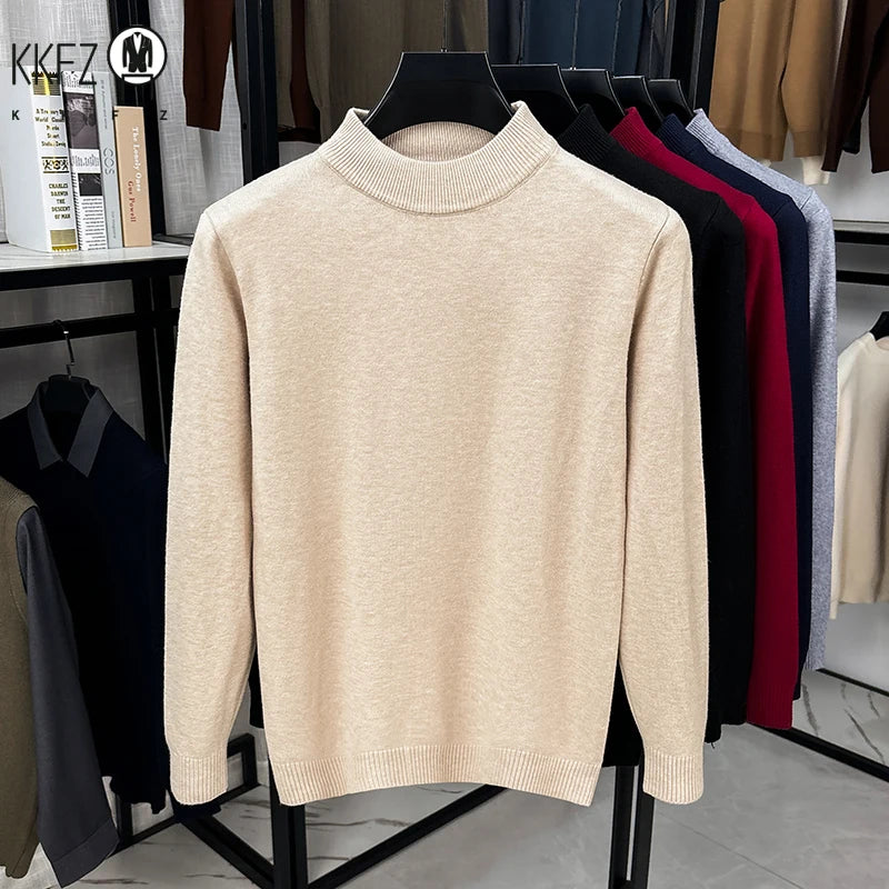 Male Classic Mid Neck Knit Jumper Long Sleeve Rib Trim Lightweight Fabric Travel Street Daily Outfit