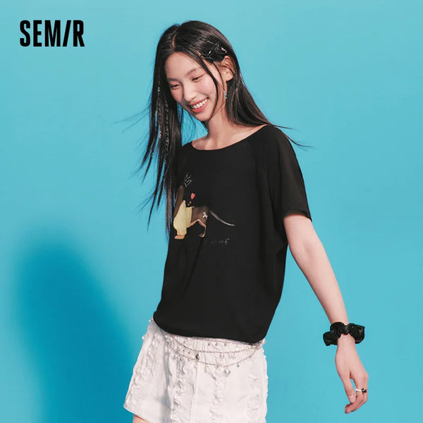 អាវយឺតស្ត្រី Semir ឆ្នាំ ២០២៦ បោះពុម្ពរូបឆ្កែ ដៃអាវ Raglan ទំហំធំ ក ស្ទីលតូច ធម្មតា