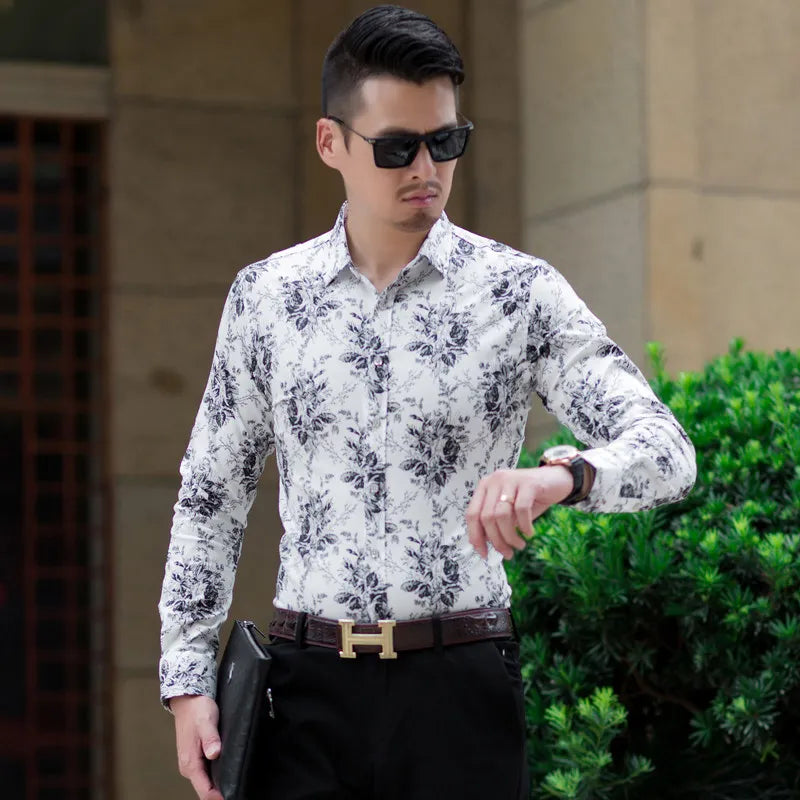 2026 Spring Men's White Long-Sleeve Printed Shirts, Blue Single-Button Collar Stretch Cotton Shirt, Asian Sizes M-5XL, 6XL, 7XL.