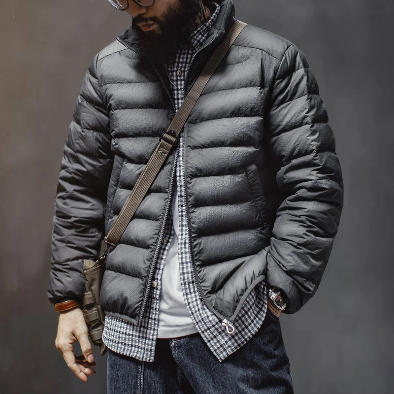 Maden Winter Men's Stand-up Collar Down Jacket Lightweight Hydrophobic White Duck Down Filling Coat Warm Inner Layer for Fall