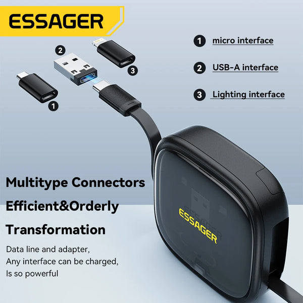 ខ្សែសាកទិន្នន័យ Essager PD 60W ពហុមុខងារ USB ប្រភេទ C សាកលឿនសម្រាប់ iPhone16 15 Xiaomi ឆ្នាំងសាកប្រអប់ផ្ទុក Pin Travel Box