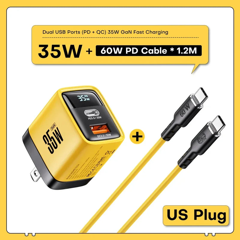 ឆ្នាំងសាក USB C 35W Gan ឆ្នាំងសាកលឿន Type C PD3.0 QC4.0 PPS ឆ្នាំងសាកទូរស័ព្ទរហ័សសម្រាប់ iPhone 15 14 Pro Max Samsung S23 S22 ថេប្លេត