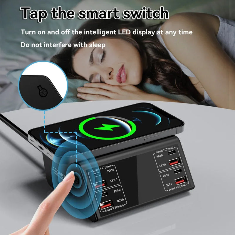 ឆ្នាំងសាកឥតខ្សែ 100W QC PD3.0 USB ឆ្នាំងសាកឥតខ្សែ សាកលឿន 8 រន្ធ ឆ្នាំងសាកលឿន សម្រាប់ iPhone 12 13 Xiaomi
