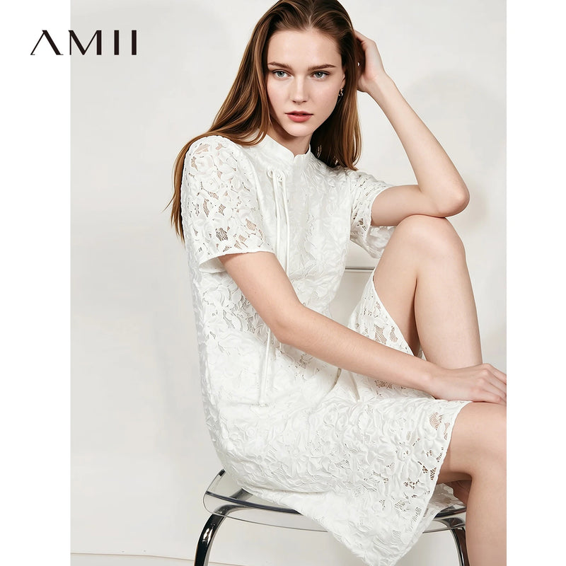 Amii Women's Dress 2026 Summer New Chinese Style Stand Collar Side Button Loose Short Sleeve Elegant Women's Dresses 12642160