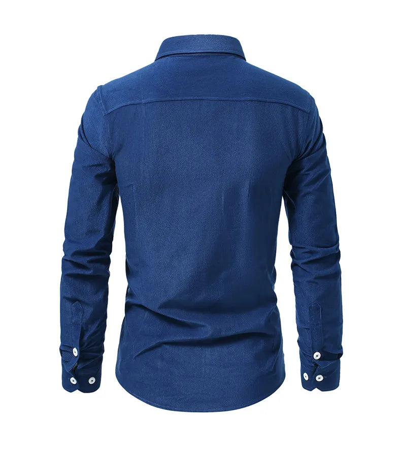 Men's Blue Long-sleeved Shirt, Corduroy Fabric Shirts, Asian-sized Fitted Top. Available in Red, Black, White, Green and Yellow.