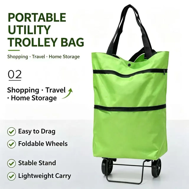 Portable Shopping Cart, Foldable Shoulder Bag with Wheels, Lightweight Hand-Pushed Cart for Home Use