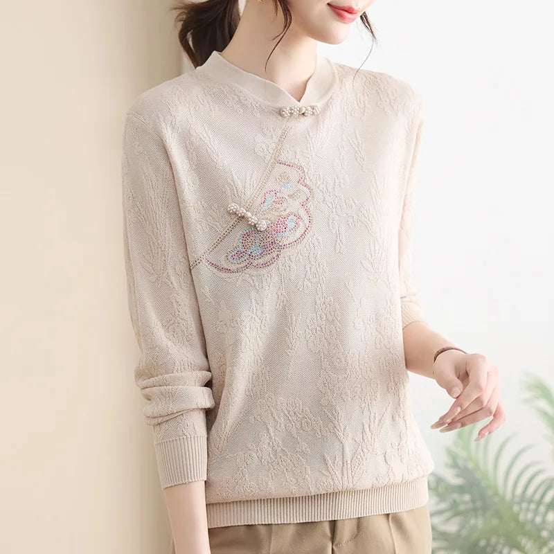 Vintage Printed Woman Clothing Knit Middle Aged Mother Pullover Tops Long Sleeve Autumn Winter Sweaters & Jumpers Pull Femme