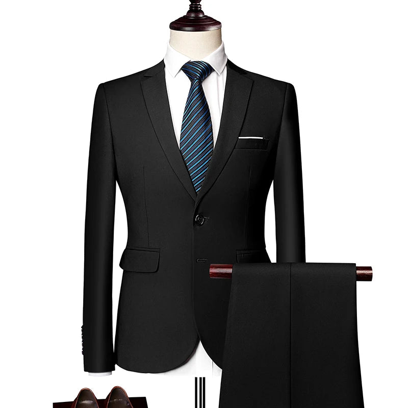 2026 New Men's 2-Piece, Dark Green Slim Fit Suit Set with Pure Color Jacket & Pants for Office/Interview/Wedding/Party/Business
