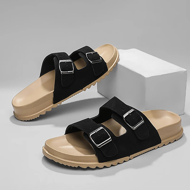 Summer Mens Microfiber Leather Slides Slippers With Adjustable Buckle Sandals Lightweight Anti Slip Slippers Cheap