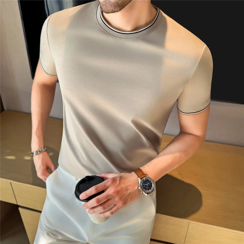 Men's 7A Antibacterial Color-Blocked Rib Mock Two-Piece T-Shirt | Liquid Ammonia Cotton, Business Casual Basic