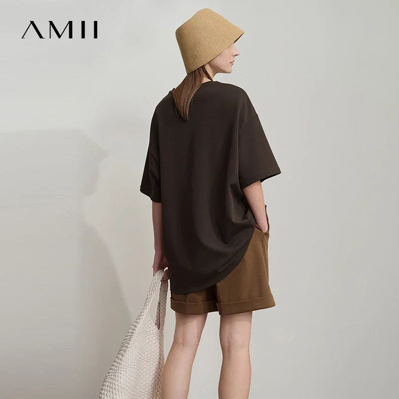អាវយឺត Amii Minimal រលុងសម្រាប់នារី ស្មាវែងមធ្យម ដៃខ្លី រដូវស្លឹកឈើជ្រុះឆ្នាំ ២០២៦ អាវប៉ាក់ថ្មីសម្រាប់ធ្វើដំណើរធម្មតា 12541167