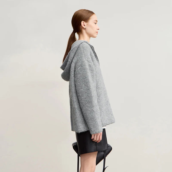 AMII Hooded Women's Sweater 2026 Winter New Shoulder Sleeve Zipper Loose Sweater For Woman Casual Knitted Pullover Top 12554064