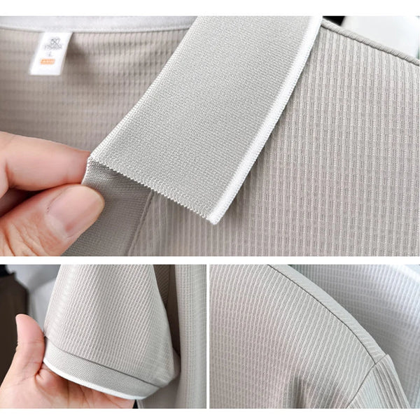 Men Summer Short Sleeve Polo Shirt Solid Color Casual Open Hem Collar Top Breathable Cool Feeling Tee