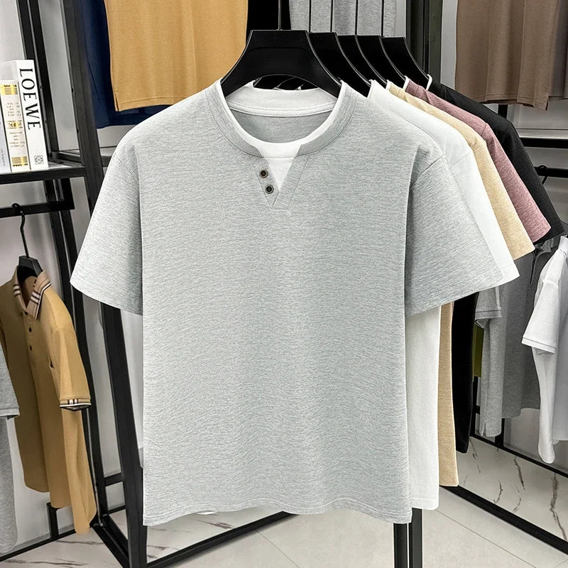 Mens Fake Two Piece Short Sleeve T Shirt Henley Neck Tops Casual Button Detail Tees For Men Daily Street Style Outfits