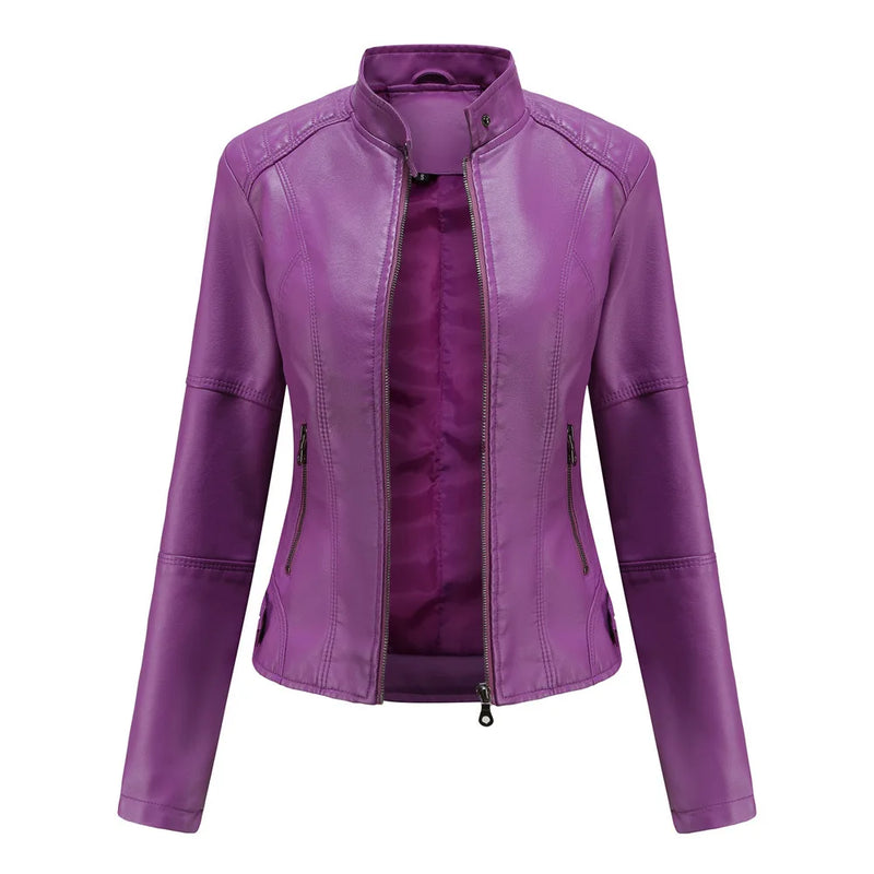 2026 Spring Women's Long-Sleeve Faux Leather Jacket Zip-Up Stand Collar PU Outerwear Available in Red, Black, Purple, Blue Coat.