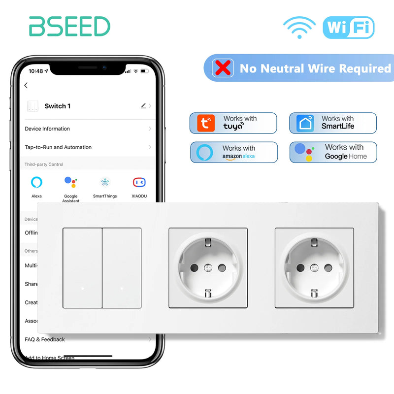 BSEED 1/2/3Gang 2Way WIFI Light Switch Smart Click Switch With EU Wall Socket Plastic Frame Tuya Smart Life No Neutral Line