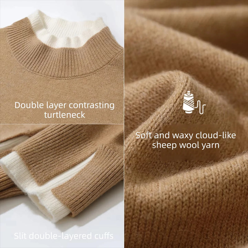 Amii Women's Turtleneck Sweater Faux Layered Color Block Minimalist Casual Knit Tops Woman Autumn Pullovers Sweaters 12623086