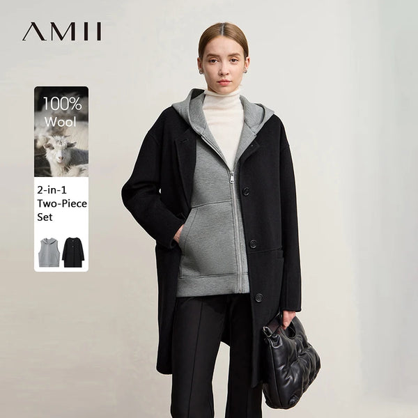 Amii Women's Coat 2026 Winter New Versatile Single Breasted Double-sided Woolen Coat Hooded Knitted Vest Two-piece Set 12524131