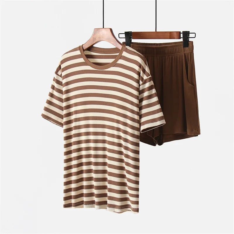 Korean Summer Pajamas Plus Size Comfortable Women's Sleepwear Set Fashion Striped Short Sleeve Shorts Suit Loose Home Wear