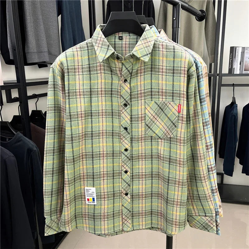 Street Fashion Plaid Shirt Loose Fit Chest Pocket Woven Label Autumn Casual Button Down Layered Overshirt