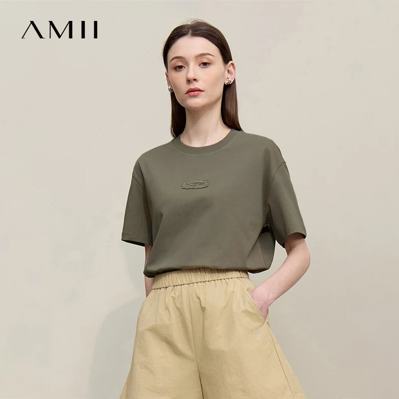 អាវយឺតនារី Amii ឆ្នាំ២០២៦ រដូវក្តៅ កមូល ស្មាទម្លាក់ចុះ អាវយឺតដៃខ្លី លំនាំចរ អក្សរ ធម្មតា រលុង ធ្វើពីកប្បាស 12612004
