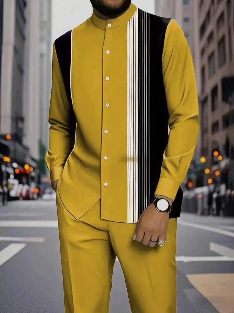 Men's Two-piece Set for Spring/Fall: An Ethnic-style Long-sleeve Shirt Paired with Pants, Red, Blue, Green, Gray, Black, Purple.