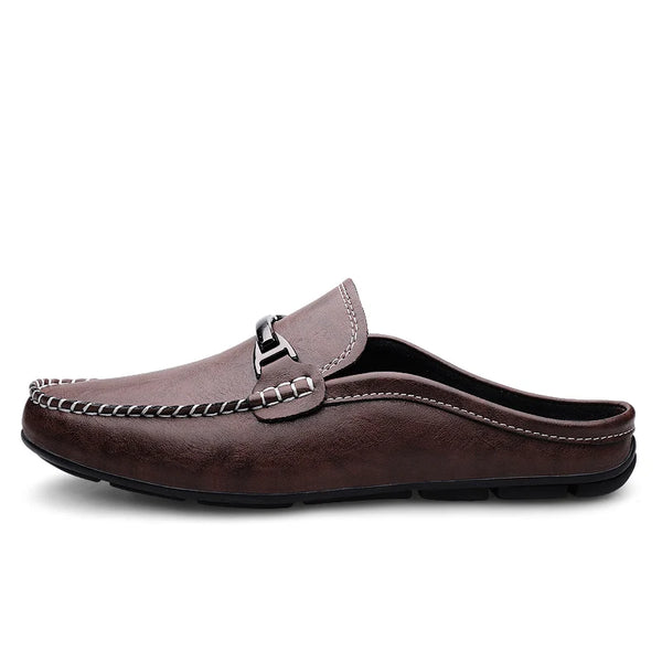 Men's Backless Loafers Mules Shoes with Buckle Slip on Casual Loafers Non-slip Leather Driving Shoes for Men Summer Outdoor