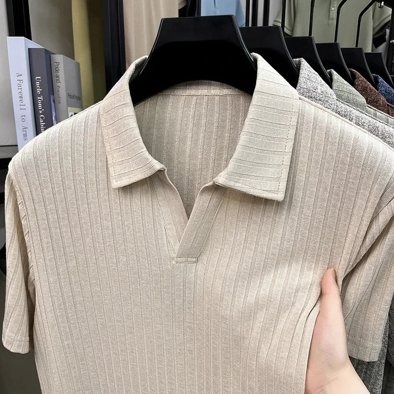 Men's Knitted Polo T Shirt Short Sleeve Ribbed Striped Design Breathable Fabric Lightweight Casual Business Summer Top