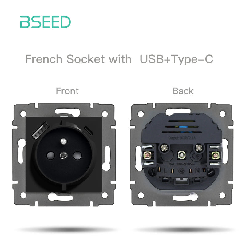 BSEED EU Standard Button Light Switch 1/2Gang 1/2Way Wall Socket USB Type-C DIY Function Parts Glass Panel Free Combination
