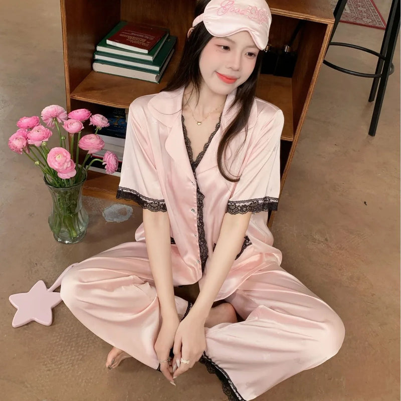 Summer Clothes Elegant Women's Pajamas 2 Piece Nighty Short Sleeve Sleepwear Nightwear for Woman Lapel Top Trousers Home Wear