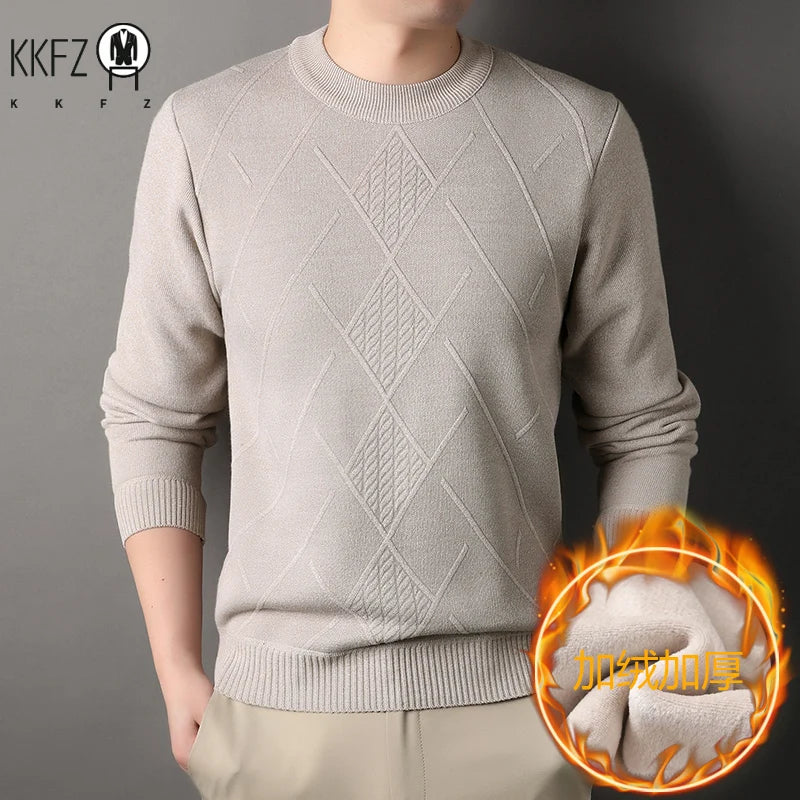 Stretch Crew Neck Male Knitted Pullover Embossed Diamond Pattern Fleece Lined Cold Proof Casual Long Sleeve Top
