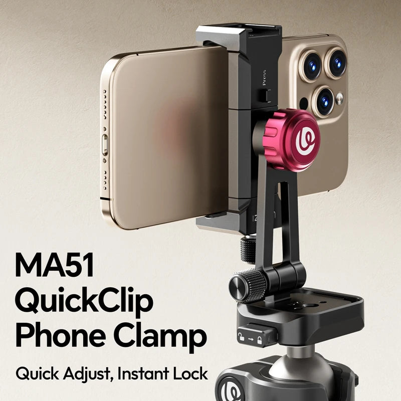 ក្ដាប់ទូរស័ព្ទ Ulanzi MA51 QuickClip ម៉ោនជើងកាមេរ៉ាជាមួយនឹងការបង្វិល 360° Uka បញ្ចេញរហ័សសម្រាប់ម៉ោនភ្លើងវីដេអូ Vlog ផ្សាយផ្ទាល់