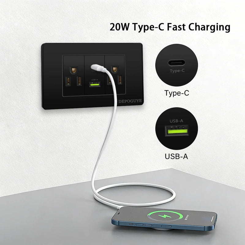 Italy Chile Mexico Outlet with USB Smart Type-c 20W Fast Charging Wall plug,Brazil Electric Light Switch Dual usb Power Socket