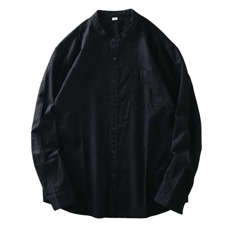 DUKEEN Men's White Band Collar Cotton Linen Blend Long Sleeve Shirt Autumn Casual Breathable Basic High-Quality Men's Clothing