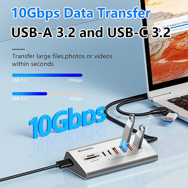 មជ្ឈមណ្ឌល USB3.2 ជំនាន់ទី 2 10Gbps អាលុយមីញ៉ូម Blueendless ជាមួយឧបករណ៍អានកាត TF/SD USB-C/USB A Hub 5-in-1 8 in 1 សម្រាប់កុំព្យូទ័រ PC កុំព្យូទ័រយួរដៃ macbook