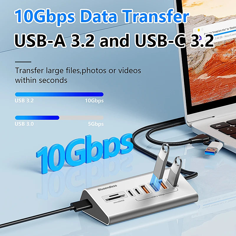 មជ្ឈមណ្ឌល USB3.2 ជំនាន់ទី 2 10Gbps អាលុយមីញ៉ូម Blueendless ជាមួយឧបករណ៍អានកាត TF/SD USB-C/USB A Hub 5-in-1 8 in 1 សម្រាប់កុំព្យូទ័រ PC កុំព្យូទ័រយួរដៃ macbook