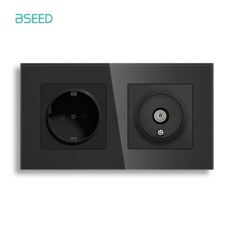 BSEED EU Standrad Wall Power Socket RJ45 Internet Socket Telephone Port Cat6 Socket Glass Panel TV Satellite Electrical Outlets