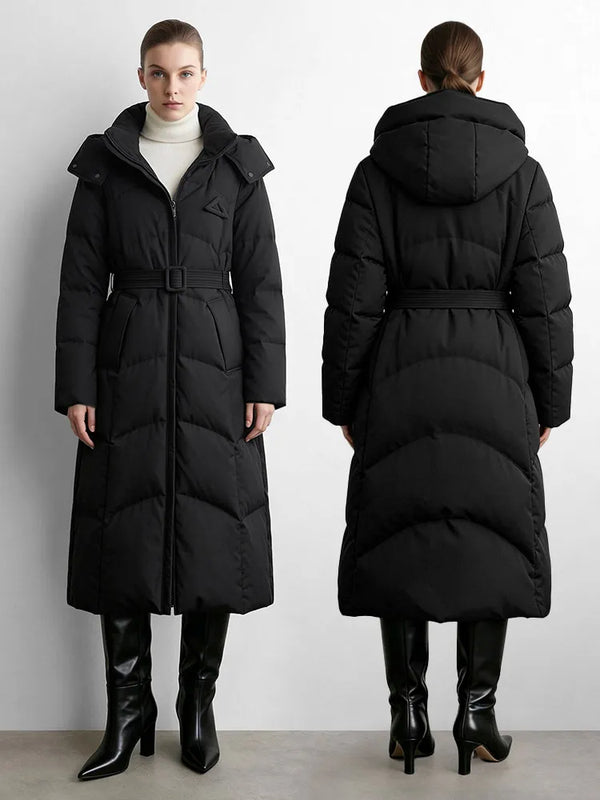 Amii Hooded Long Down Jacket with Belt Oversized Warm Slimming Commuter Minimalist Women Thickened Winter Jackets 2644039