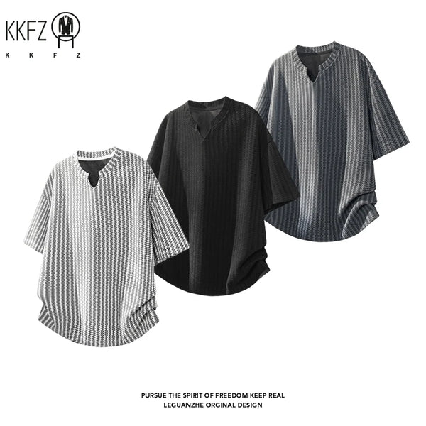 Mens Striped Textured Knit Short Sleeve Top Notched Collar Oversized Cutting Suitable For Vacation Dating And Casual Scenes