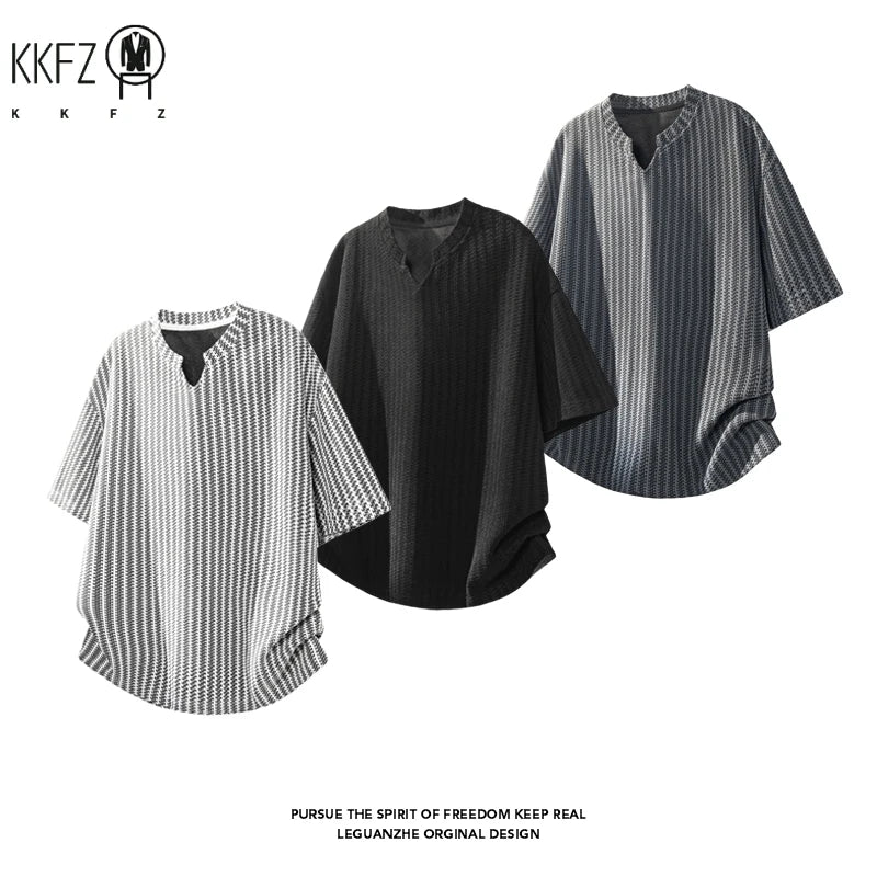 Mens Striped Textured Knit Short Sleeve Top Notched Collar Oversized Cutting Suitable For Vacation Dating And Casual Scenes
