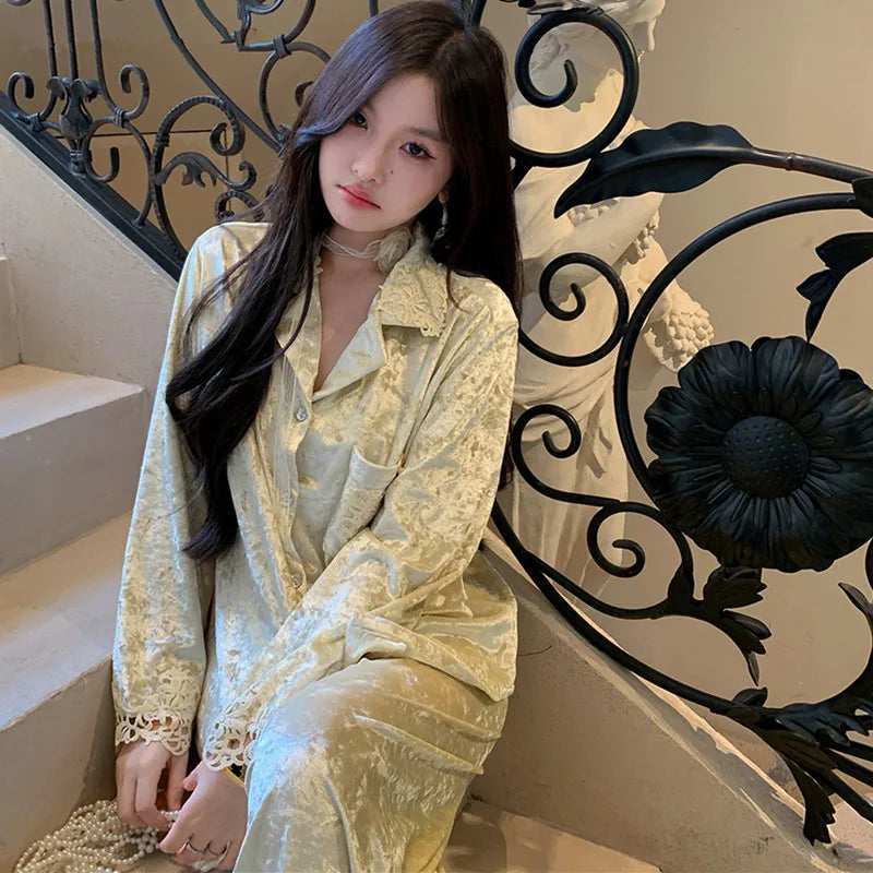 Warm Gold Velvet Woman Pajamas Set Autumn Winter Sleepwear Pajama High Quality Thick Nightwear Lounge Women's Home Clothes