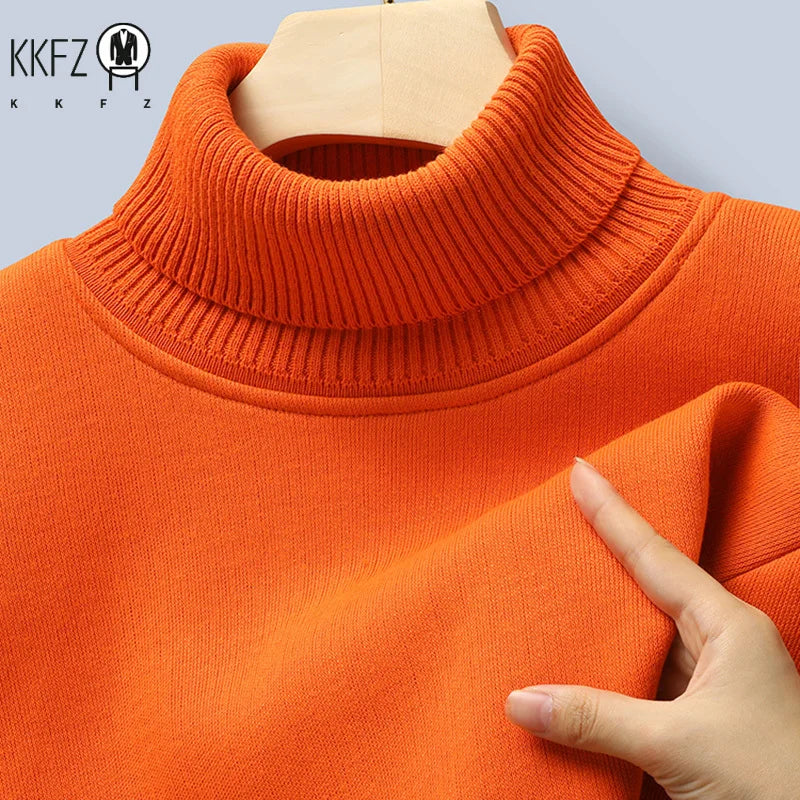 Stretch Knitted Turtleneck Top For Males Full Fleece Lining Thermal Warm Pullover Long Sleeve Casual Street Outfit
