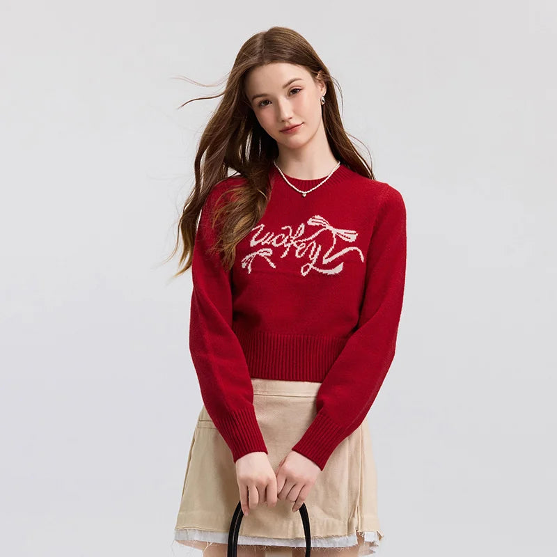 Semir New Year Sweater Women Short Bowknot Slim Fit Round Neck Knit Top 2026 Spring Style Red Fashion Basic Tops
